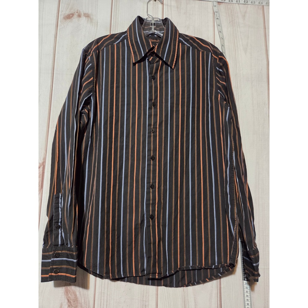 7 Diamonds Mens Large Long Sleeve‎ Button Down Shirt Black Orange Blue Striped
